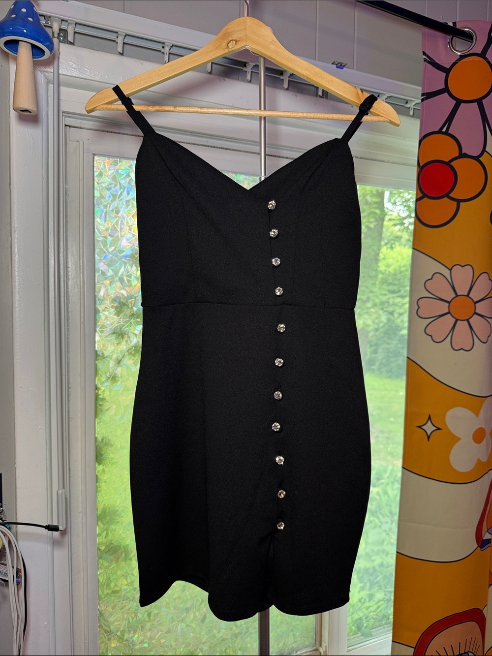 Black V-Neck Diamond Button-Front Slip Dress